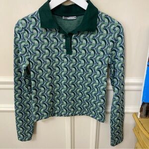 Zara Green Patterned Long Sleeve Polo Shirt Collared Jacquard Crop Size Small